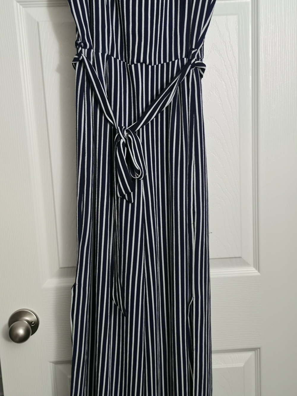 XL Monteau Navy & White Vertical Stripe Tie-Waist Jumpsuit